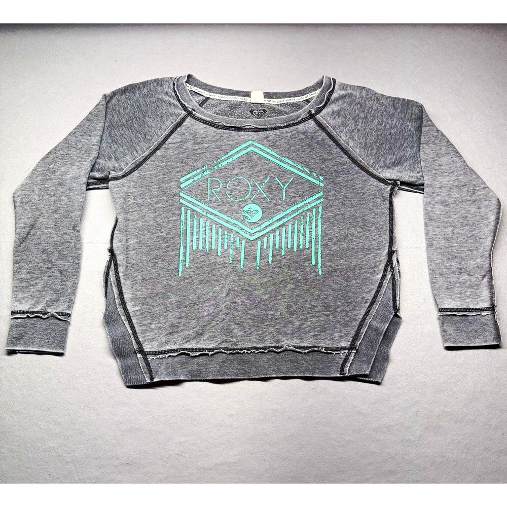 Roxy Women's Logo Graphic Raglan Crewneck Pullover Sweatshirt L Gray